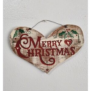 Vintage 1999 Merry Christmas Heart Wood Wall Hanging Folk Art Holiday Decor